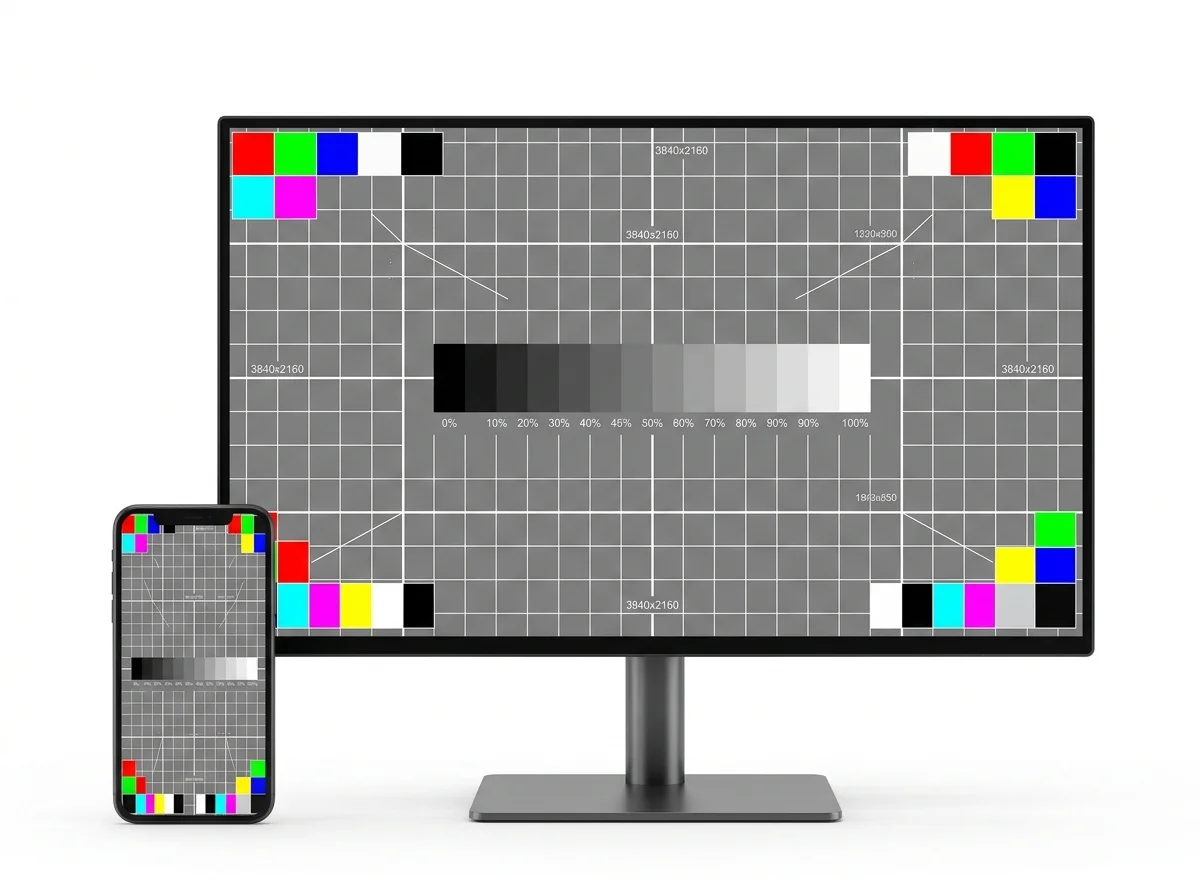 Generic brand-neutral desktop monitor and smartphone displaying screen diagnostic calibration and test patterns